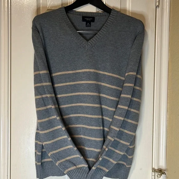 Men’s Lands’ End Gray with Tan Stripe Sweater - Picture 1 of 9